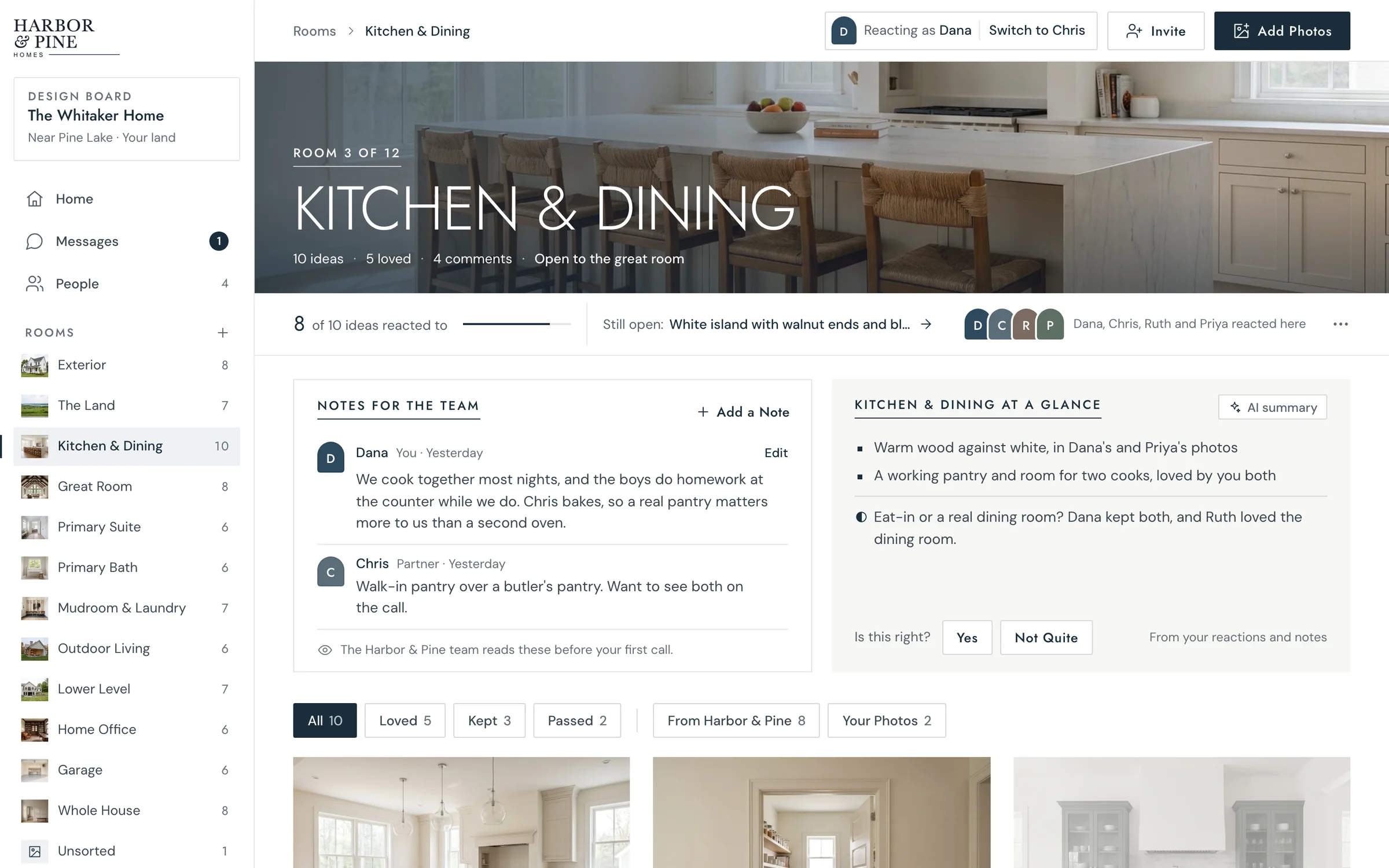Kitchen and Dining on the family’s board: 8 of 10 ideas reacted to by Dana, Chris, Ruth and Priya, their notes for the team, and a summary.