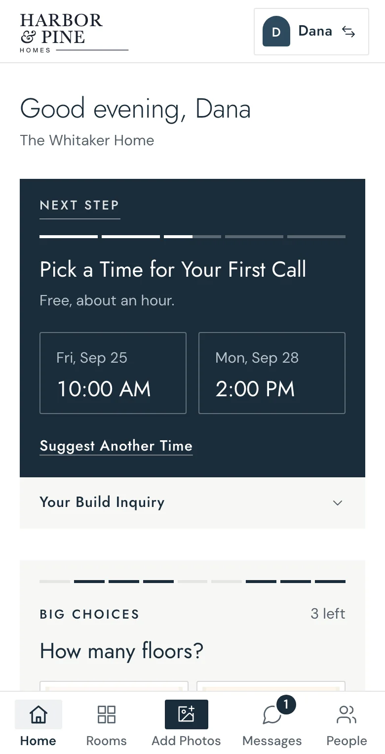 The Whitakers’ board on a phone: the next step, pick a time for your first call.