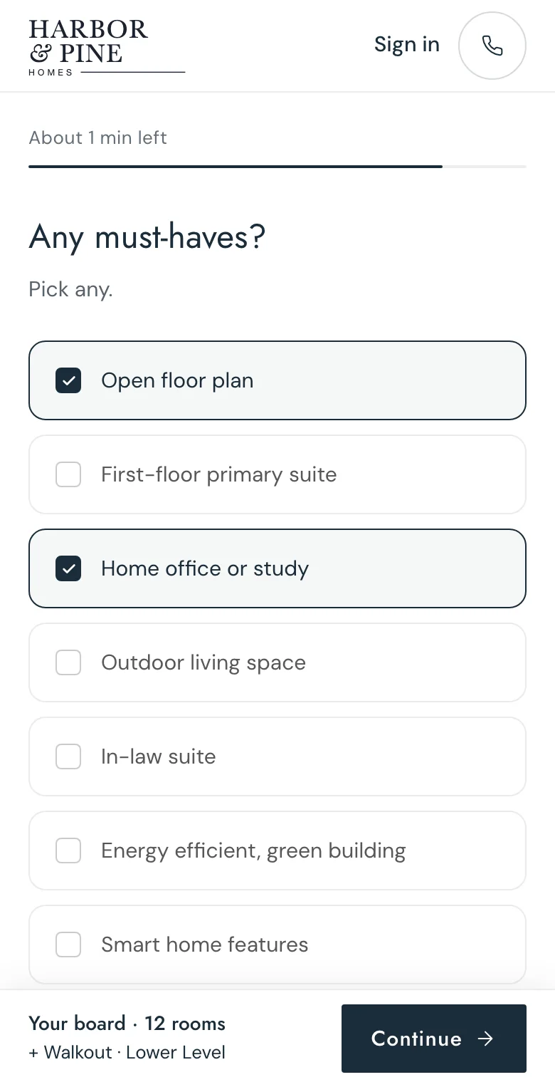 Start Your Build on a phone: Any must-haves? with three picked, and their board, 12 rooms, below.