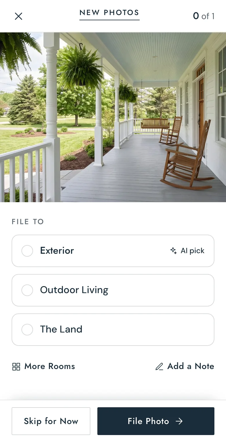 Their own photo on a phone: a porch with rocking chairs, and File To with Exterior suggested.