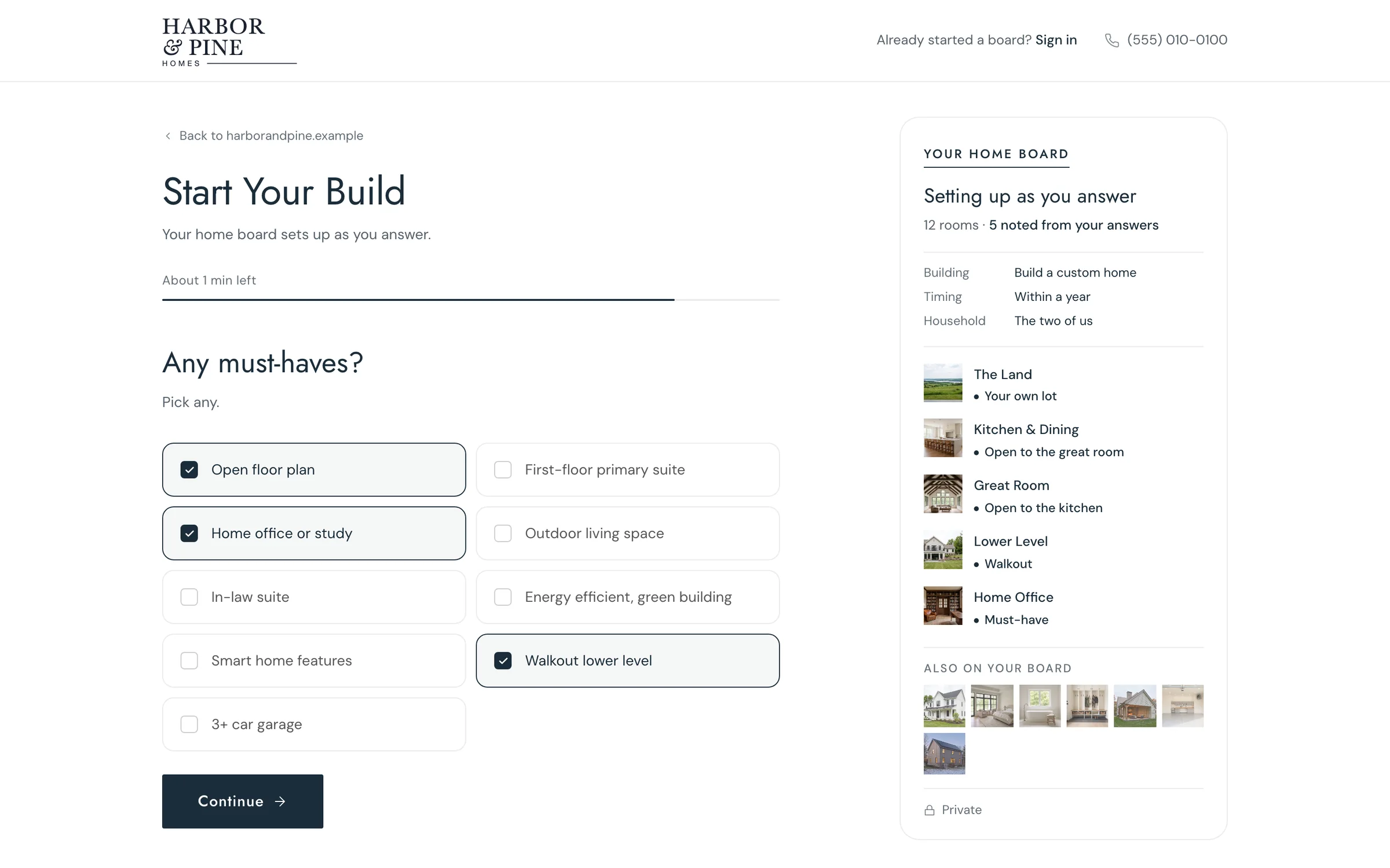 Start Your Build under the builder’s logo: Any must-haves? beside the family’s board, setting up as they answer.